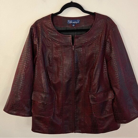 Susan Graver Style jacket size 1X faux reptile burgundy zip front fully lined - Picture 1 of 8